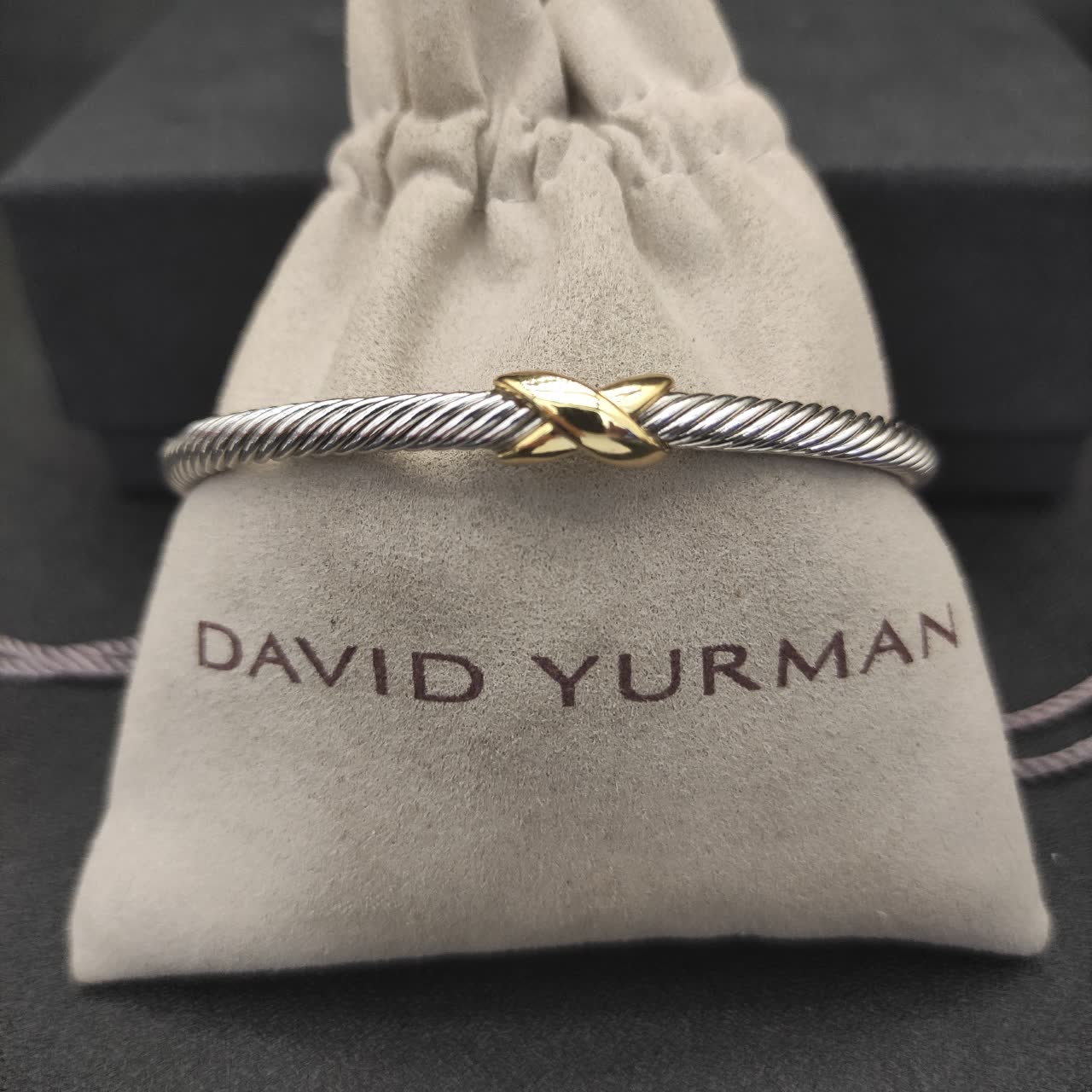 David Yurman Silver Cable Wire Bangle Bracelet with Gold Accents